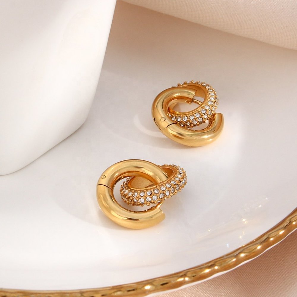 Chunky Micro Pave Zircon Double Hoop Earrings 18K Gold Plated Stainless Steel - Picture 8 of 10